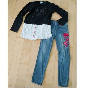Nano - Girls' Layered Top and Embroidered Jeans Set